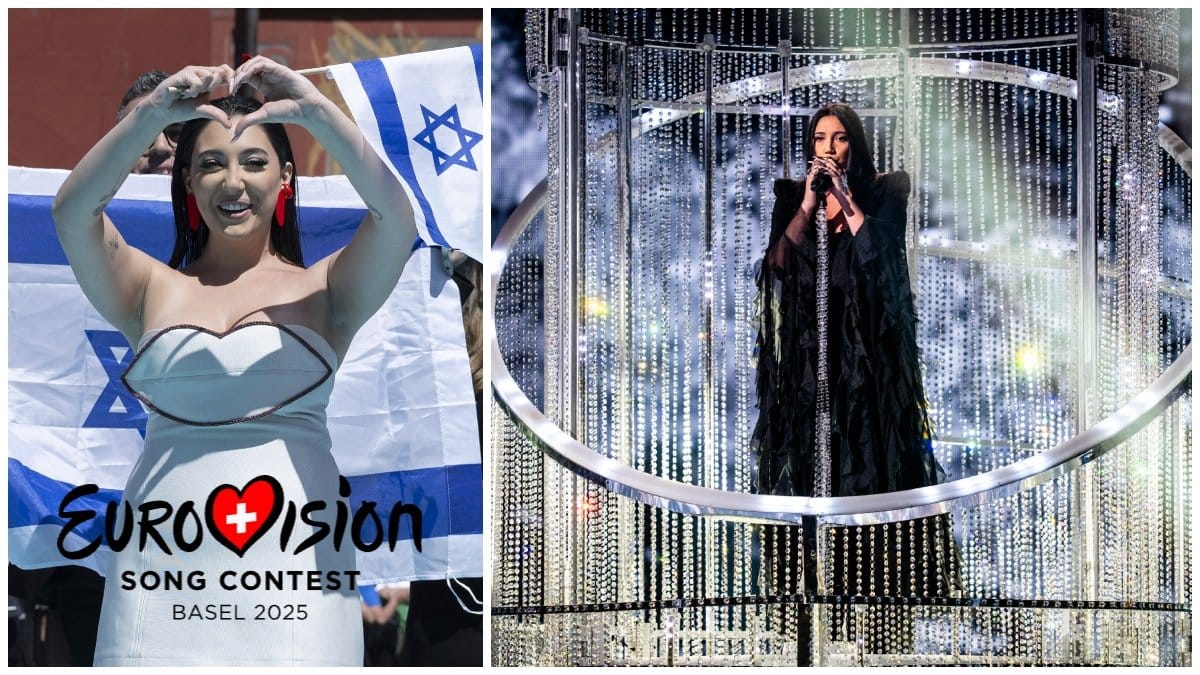 Yuval Raphael på blå mattan och Yuval Raphael på ett genrep under Eurovision Song Contest 2025. 