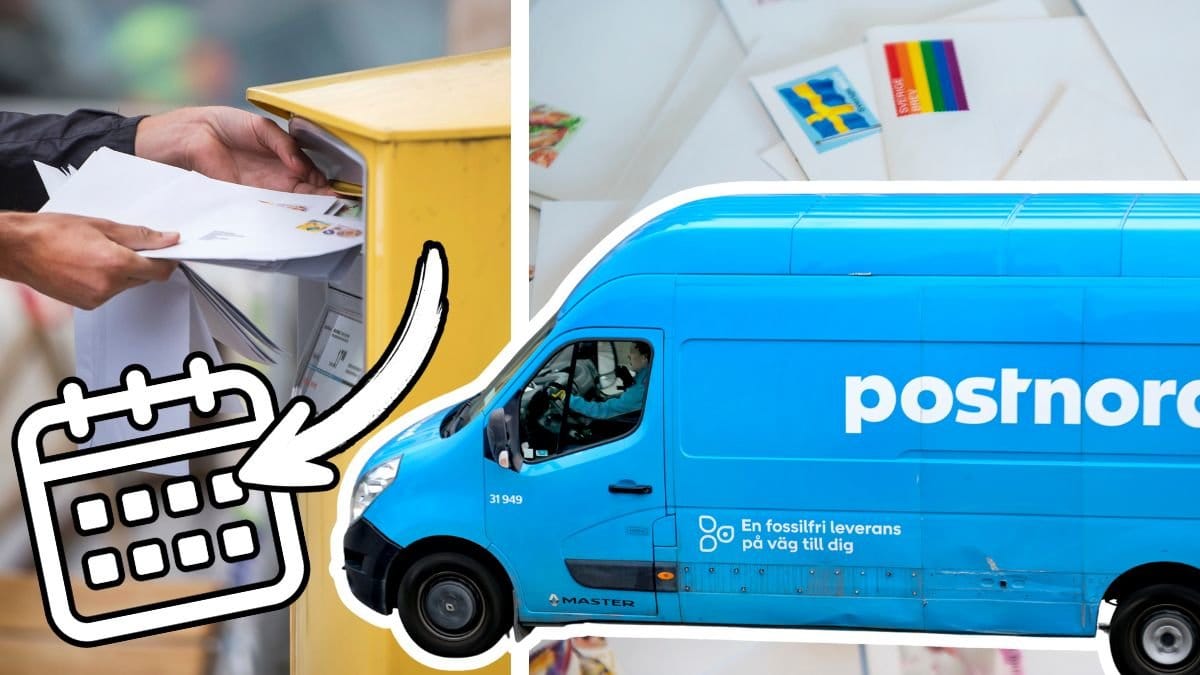 Brev som stoppas i en brevlåda, kuvert med frimärken och en Postnord-bil