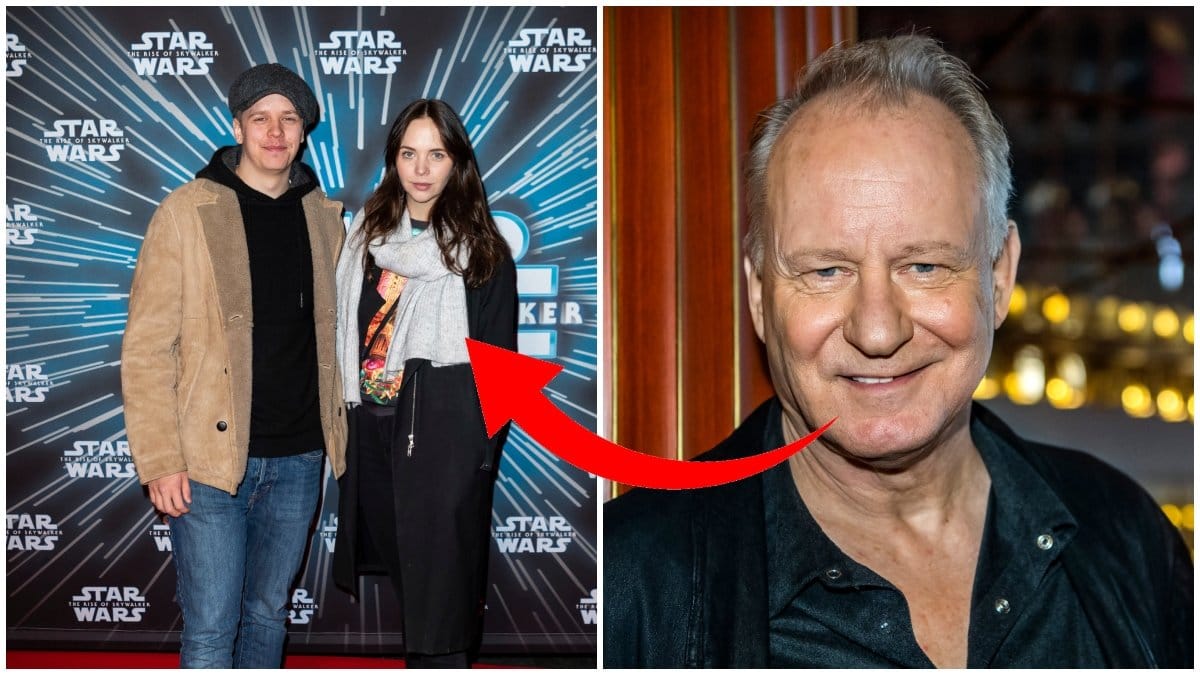 Eija och Valter Skarsgård poserar på mattan. Stellan Skarsgård på en bild jämte, ler mot kameran. Bilden är ett montage.