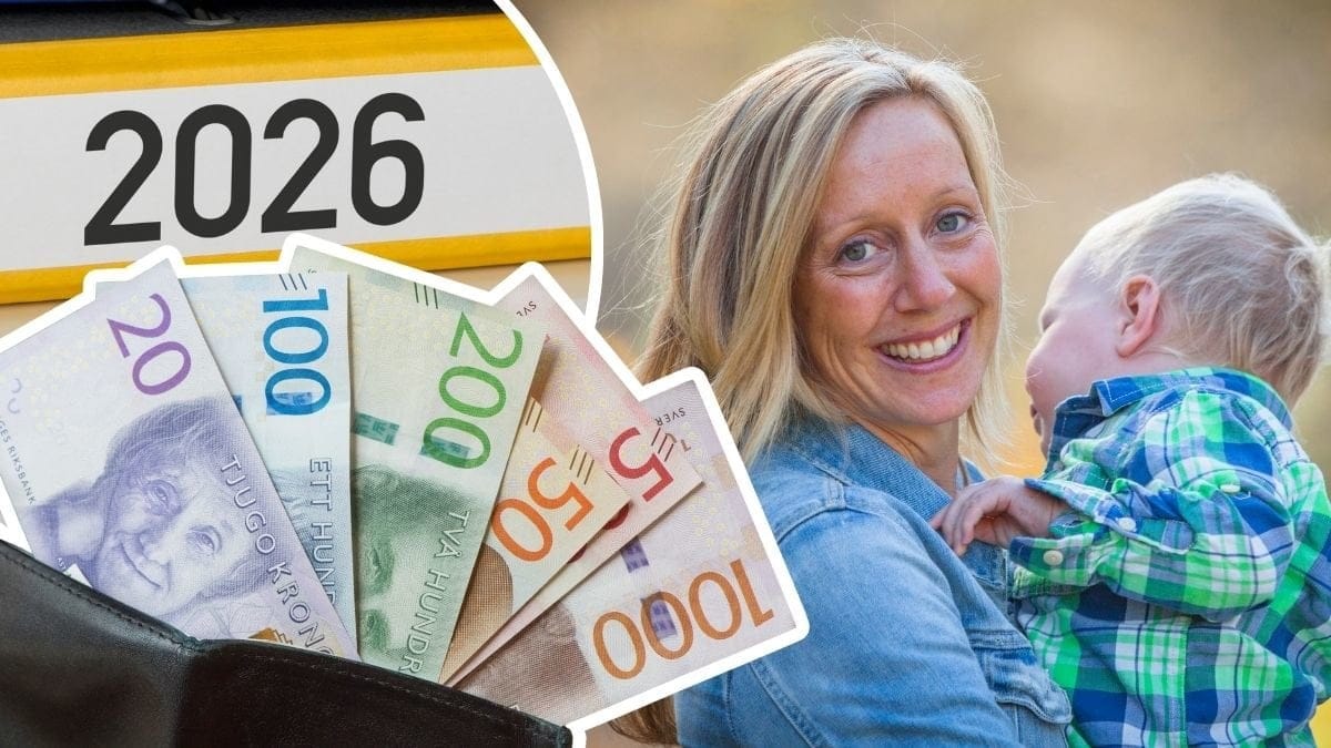 Svenska sedlar i plånbok, mamma med ett barn och 2026 på en pärm