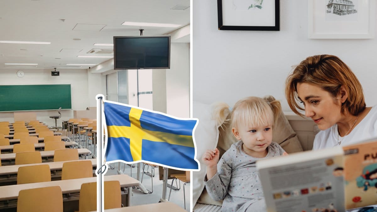 Skola, flaga och mamma med barn