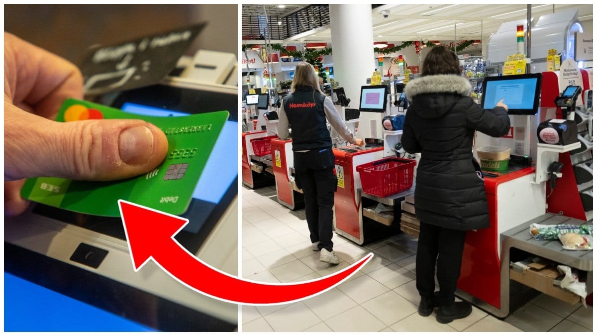 Person som betalar med kort och personer som står och betalar i en matbutik.
