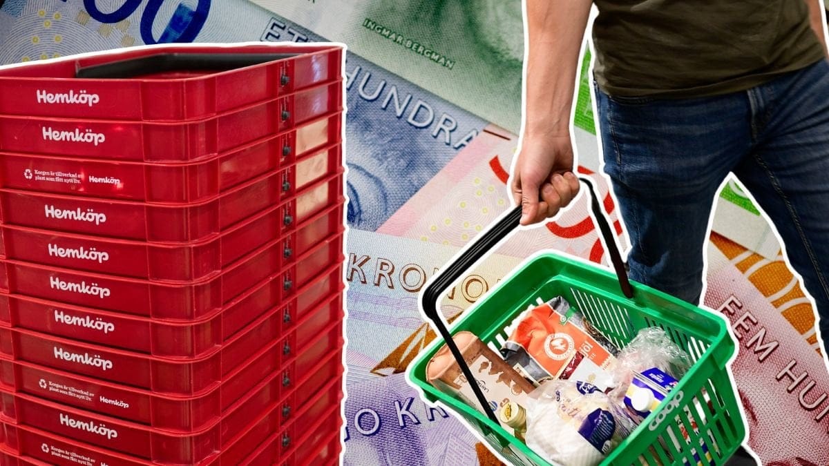 Kundkorgar, pengar och en person som handlar.