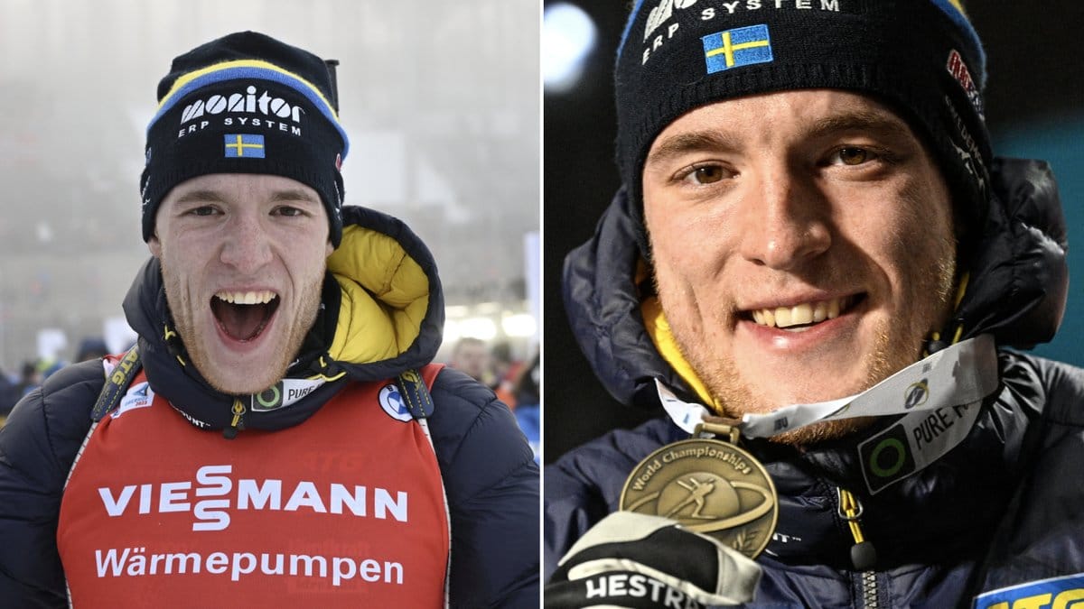 Sebastian Samuelsson jublar efter att ha tagit brons i herrarnas jaktstart på VM.