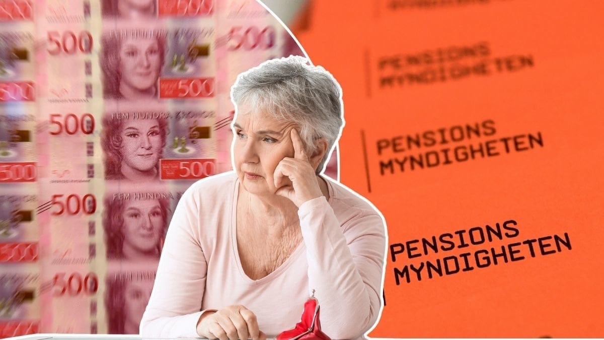 En pensionär och sedlar och orangea kuvert.