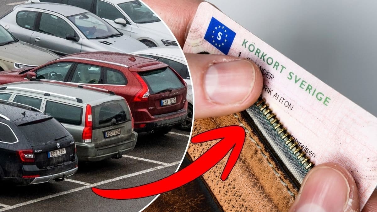 Bilder på parkerade bilar och ett körkort.