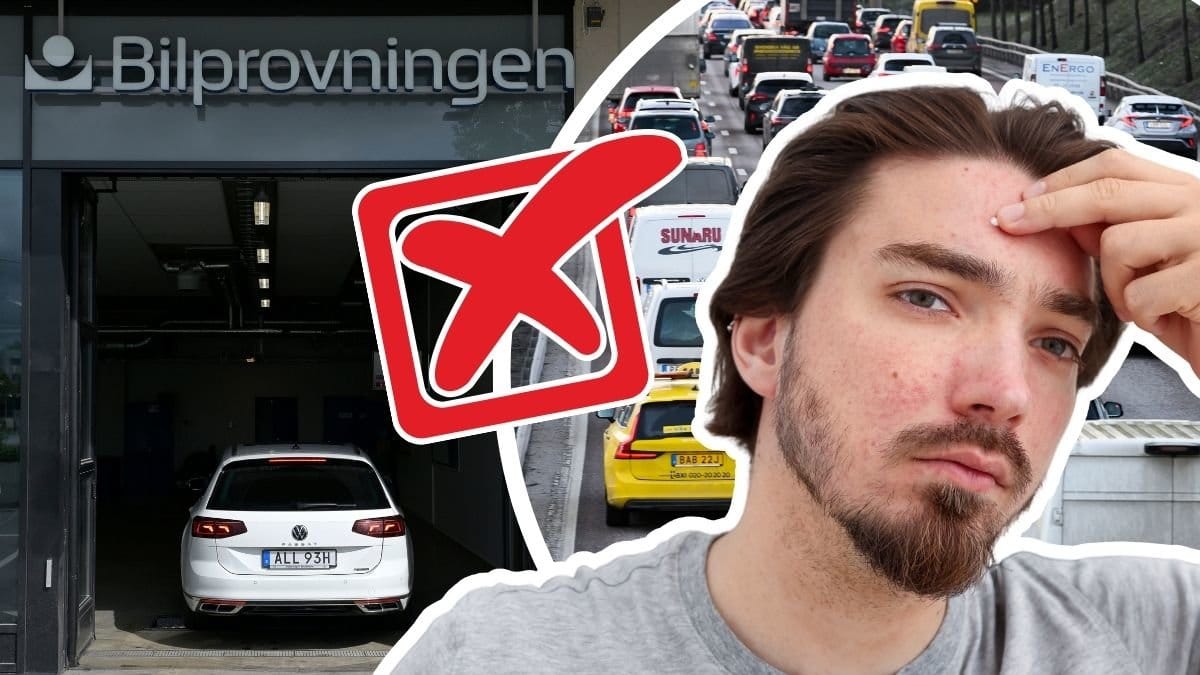 Bil på väg in till bilprovningen, trafik och en bekymrad man