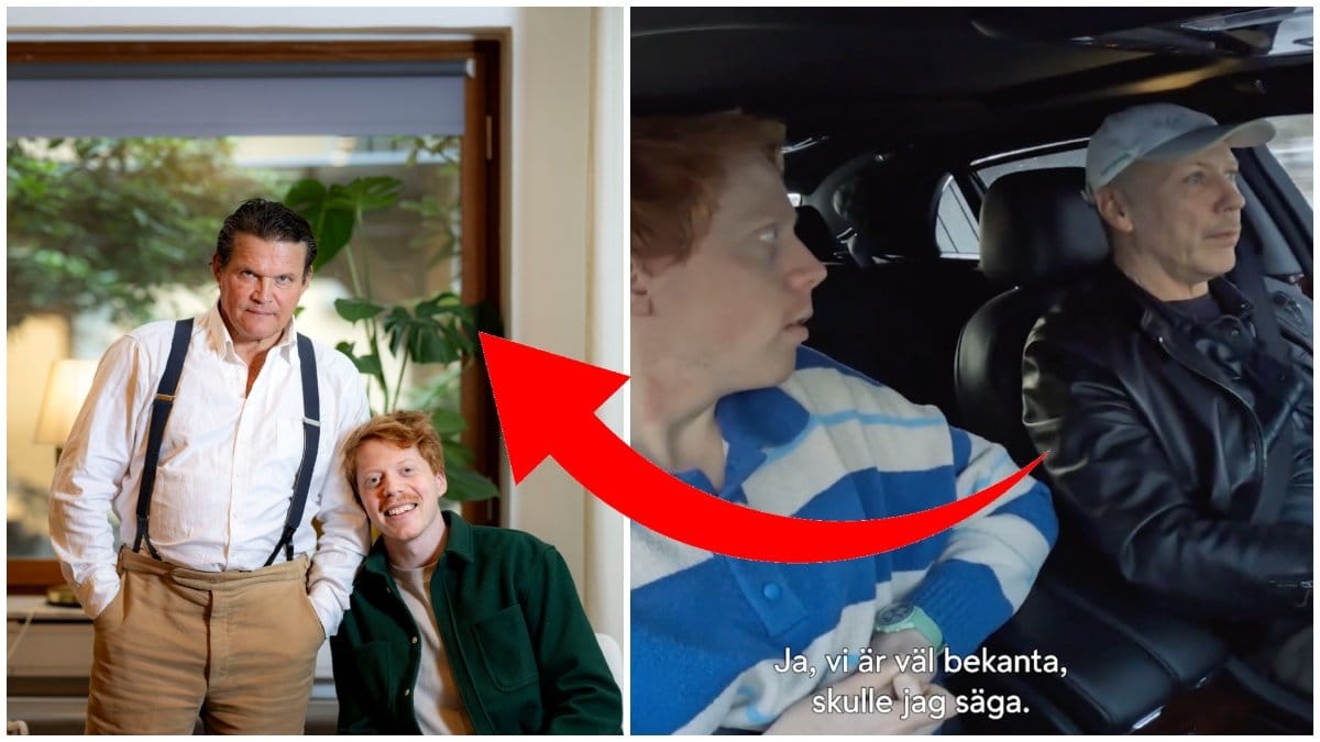 Per Morberg står jämte en sittande Maur Hermundsson och tittar in i kameran. Jämt syns en bild på när Mauri och Mikael Persbrandt åker bil, och Per kör.