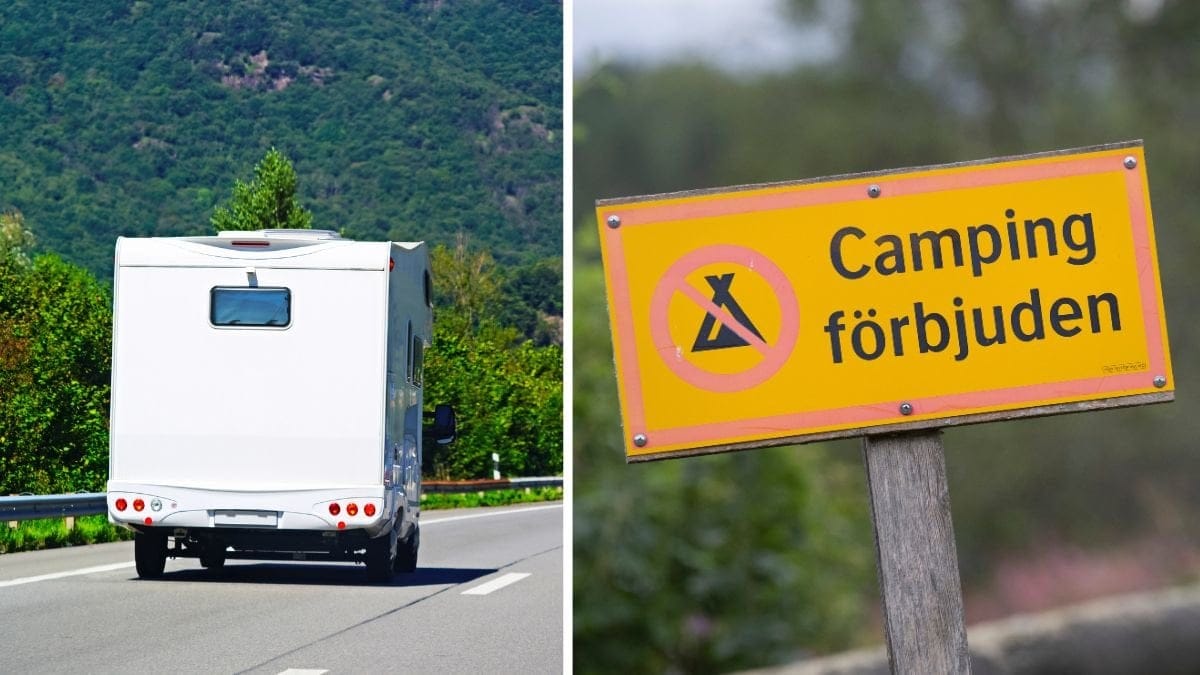 Husbil och camping-skylt.