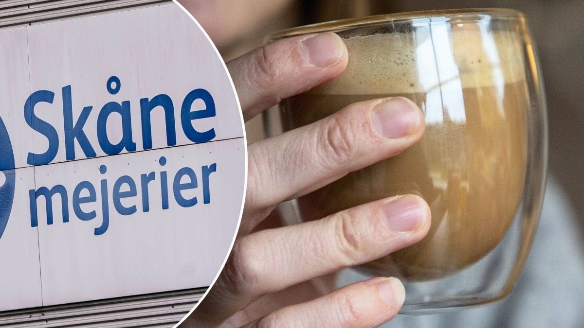 Bilder på kaffe med mjölk och Skånemejeriers skylt.