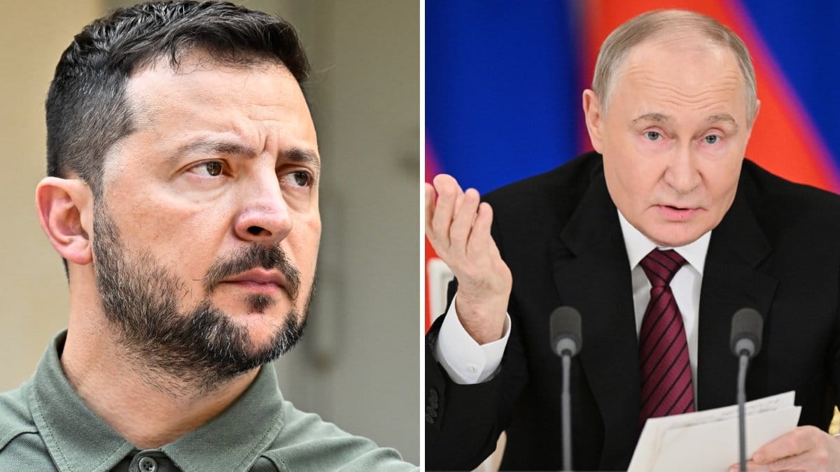 Vänster: Ukrainas president Volodymyr Zelenskyj. Höger: Rysslands president Vladimir Putin. 