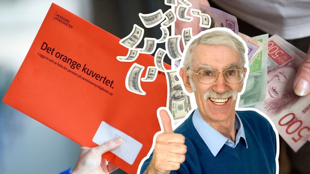 Orangea kuvertet vänster. Händer med kontanter höger. Utklippt äldre man som gör tummen upp med regnande kontanter i bakgrunden i mitten.