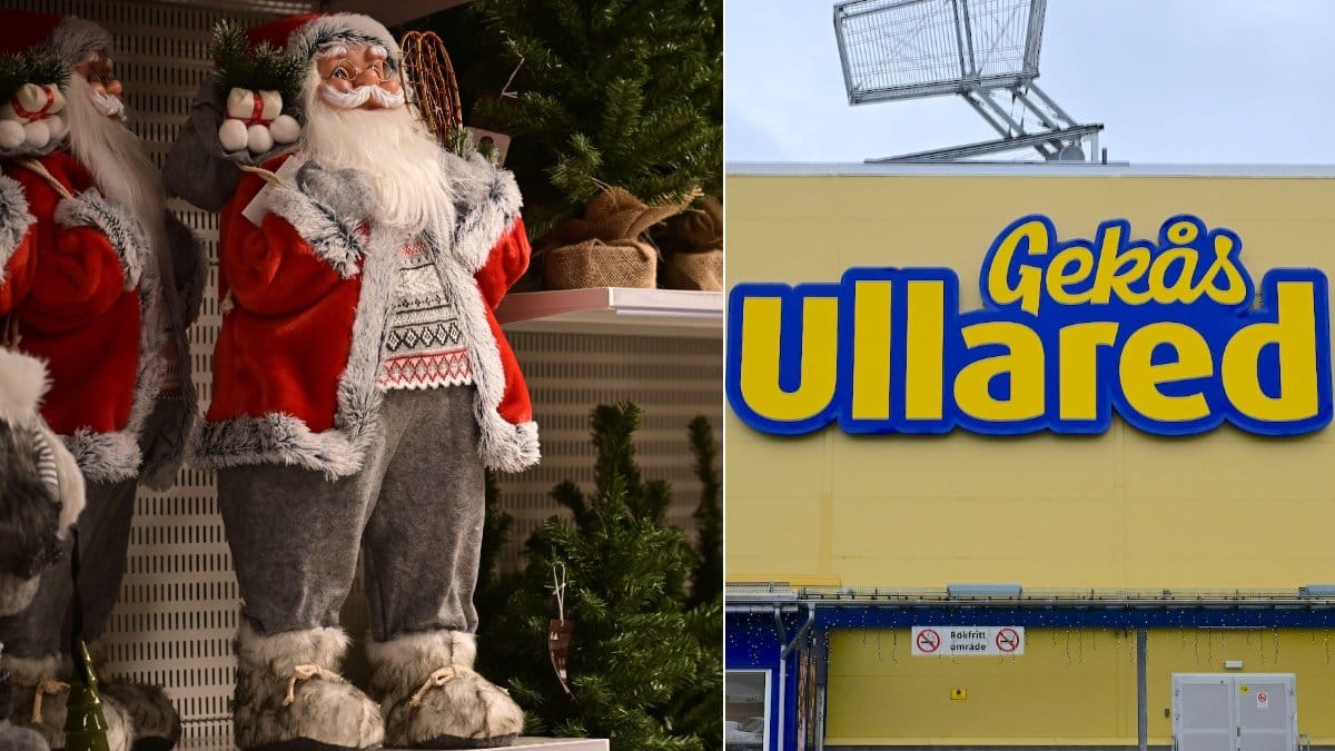 Bilder på julpynt och Gekås Ullareds entré.
