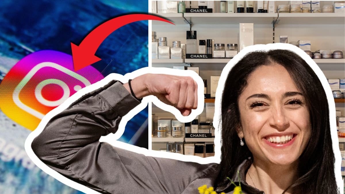 Bild på hylla med hudvård till höger. Bild till vänster på Instagram app ikonen. Över bilden till höger är en bild på Tracy Ghammas. En röd pil pekar från Tracy till Instagram-ikonen.