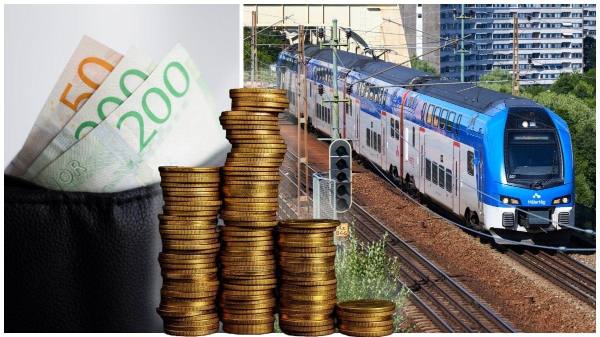 Svenska sedlar i en plånbok och ett Mälartåg