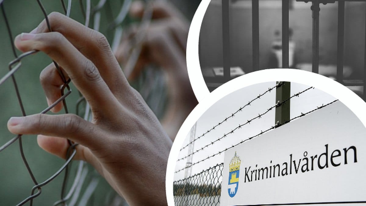 Händer håller i galler. Fängelse. Kriminalvården-skylt