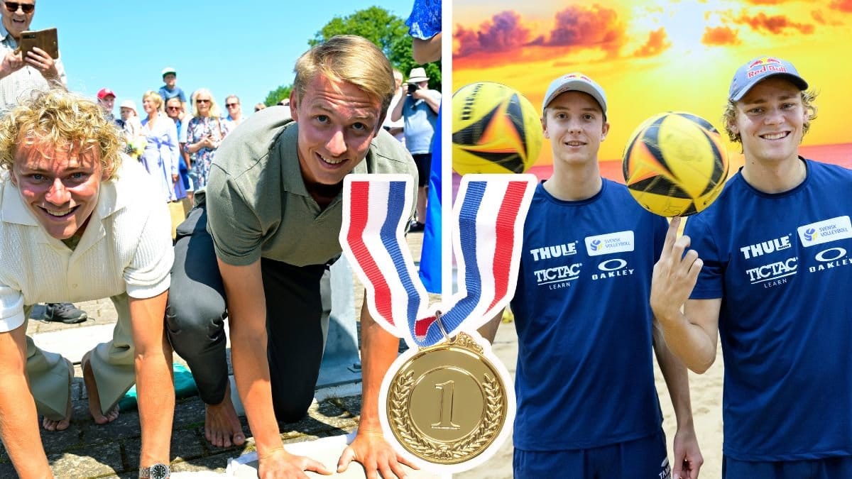 David Åhman och Jonatan Hellvig till höger och vänster. En utklippt guldmedalj i mitten. 