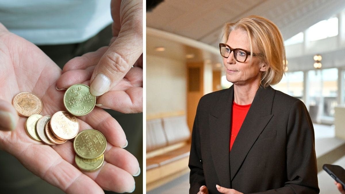 En hand med mynt till vänster. Till höger Elisabeth Svantesson.