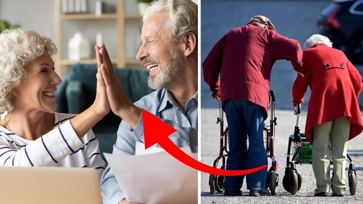 Ett äldre par gör en high five till vänster. Ett äldre par fotograferas bakifrån, går hand i hand med en rullator till höger.