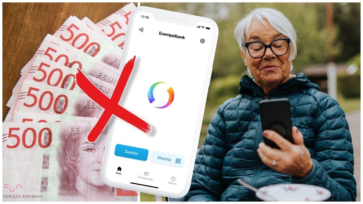 Femhundralappar på ett bord och en äldre kvinna som tittar på en mobiltelefon.