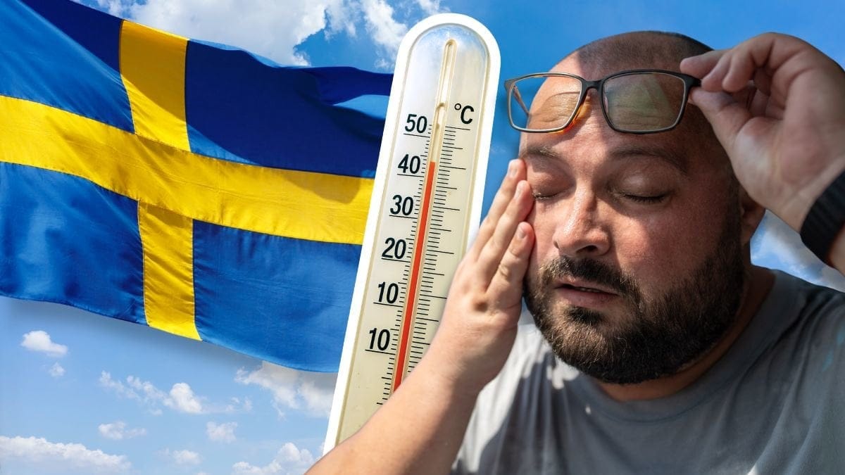 Sverige-flagga, termometer och man som svettas