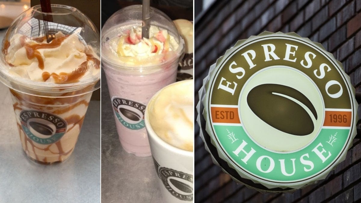 Bilder på Espresso House skylt och frapinos.