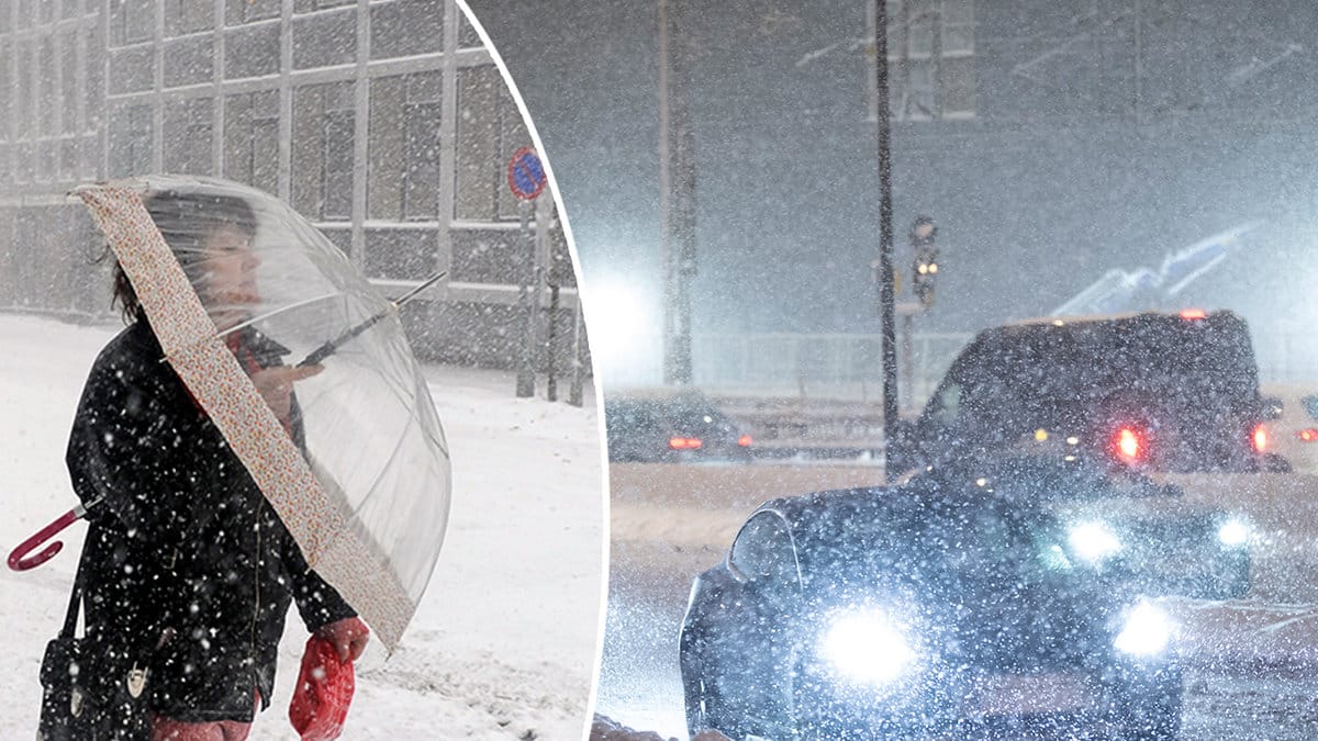 Kvinna med paraply i snöoväder och bilar i oväder.