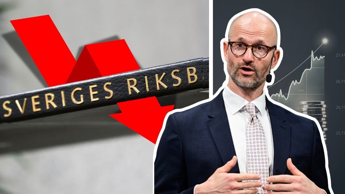 Olof Sandstedt utklippt framför en tecknad graf höger. En Sveriges Riksbank-skylt över en nedgående graf vänster.