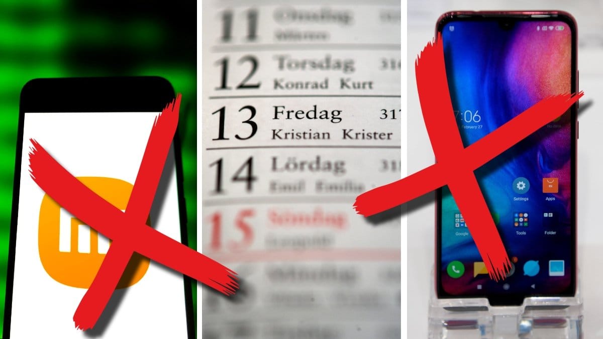 Två mobiltelefoner och en kalender som visar datumet fredag den 13:e.