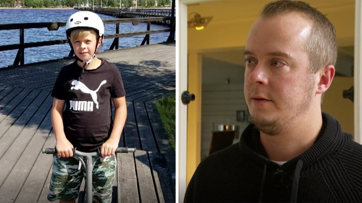 en pojke i en hjälm och sparkcykel,en rakad man i svart tröja