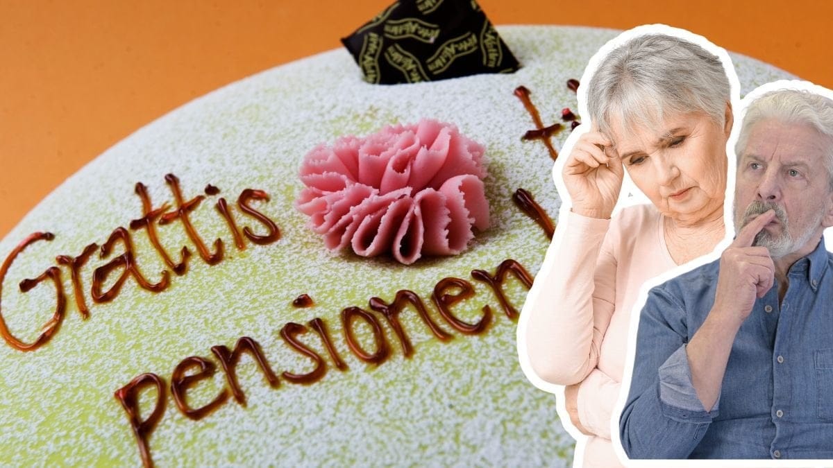 Grattis till pensionen-tårta och en tänkande man och kvinna.