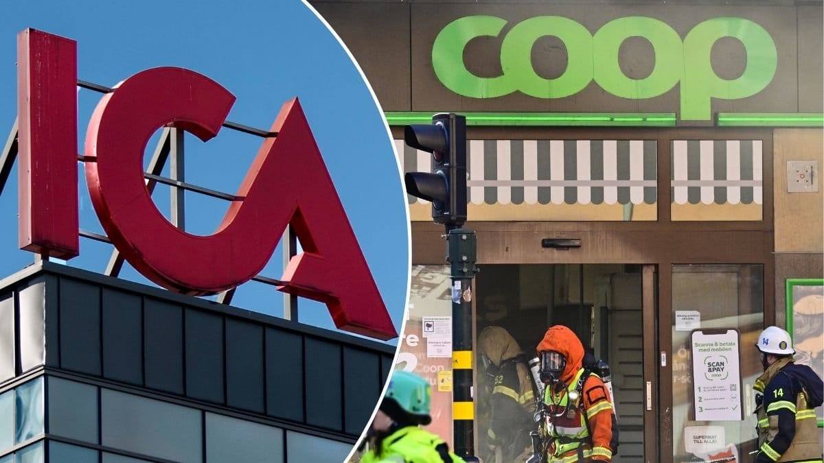 Bilder på Coop-butiken som brann och Icas skylt.
