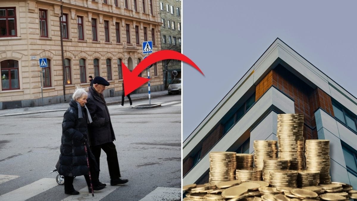 Ett äldre par går över ett övergångsställe och lägenhetshus.