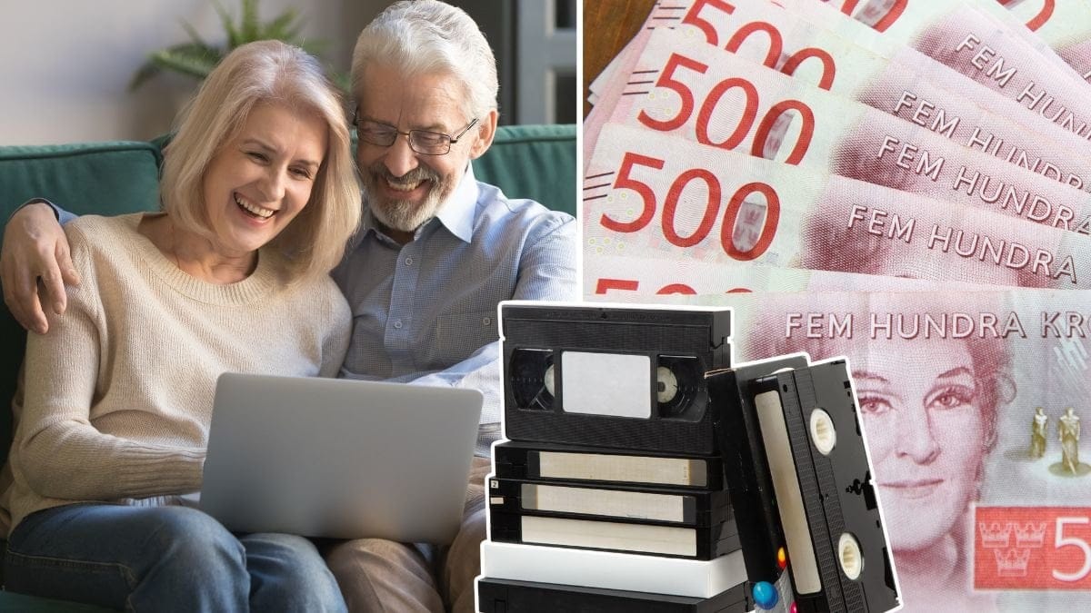 Ett glatt par vid den dator, vhs-band och pengar i form av 500-lappar.