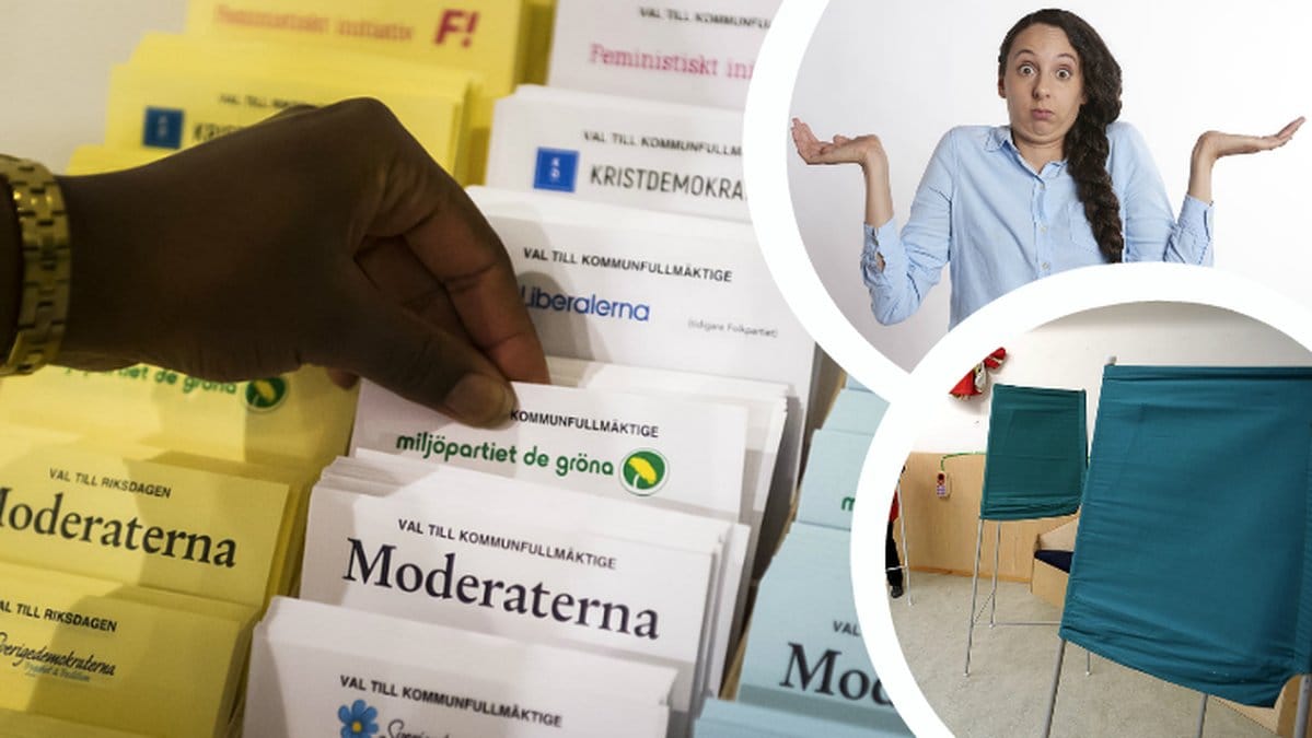 En hand som tar en valsedel. Röstbås. En fundersam kvinna.