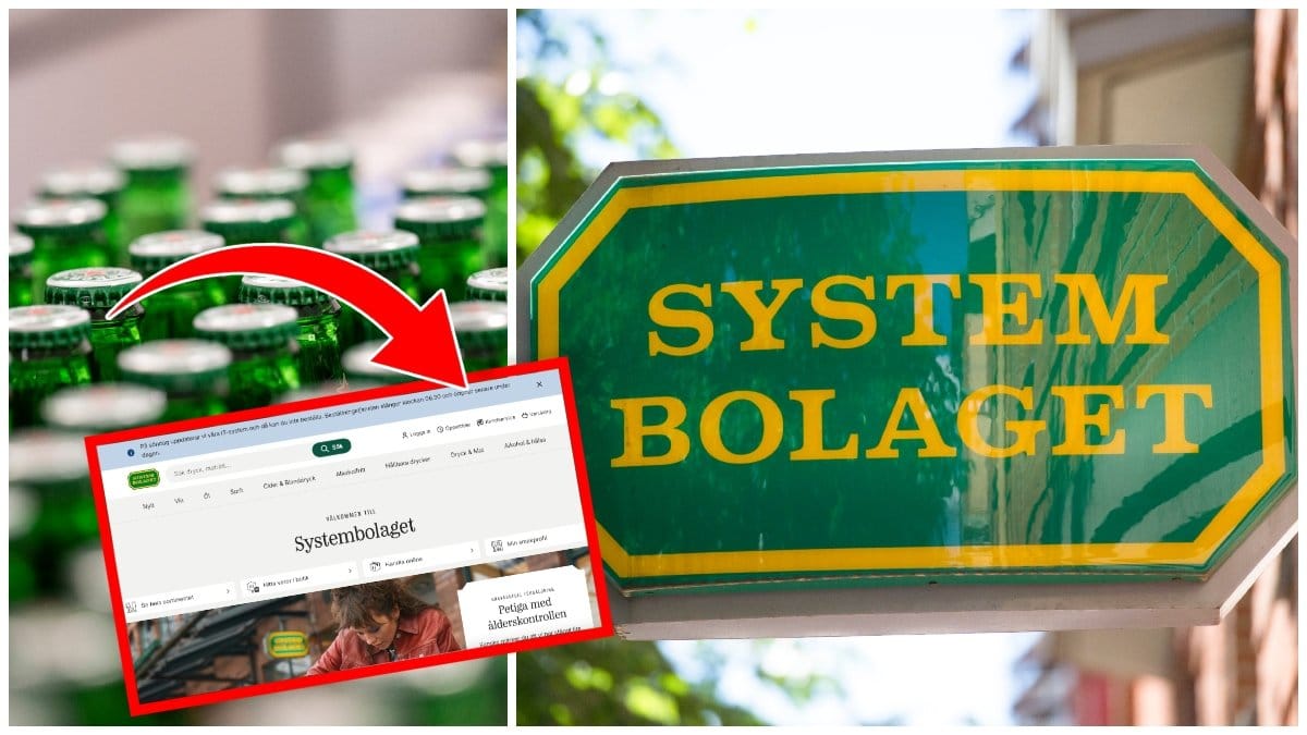 Ölflaskor och Systembolagets skylt vid en fasad