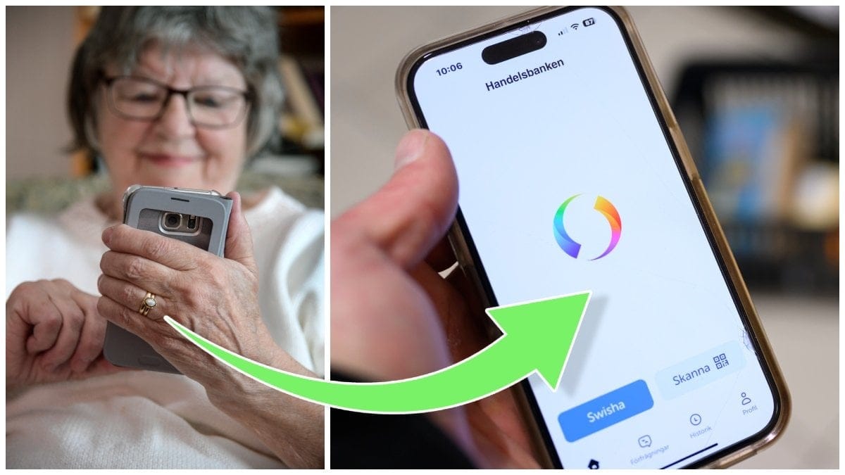 Äldre kvinna med mobiltelefon och en mobilskärm som visar Swish-appen.