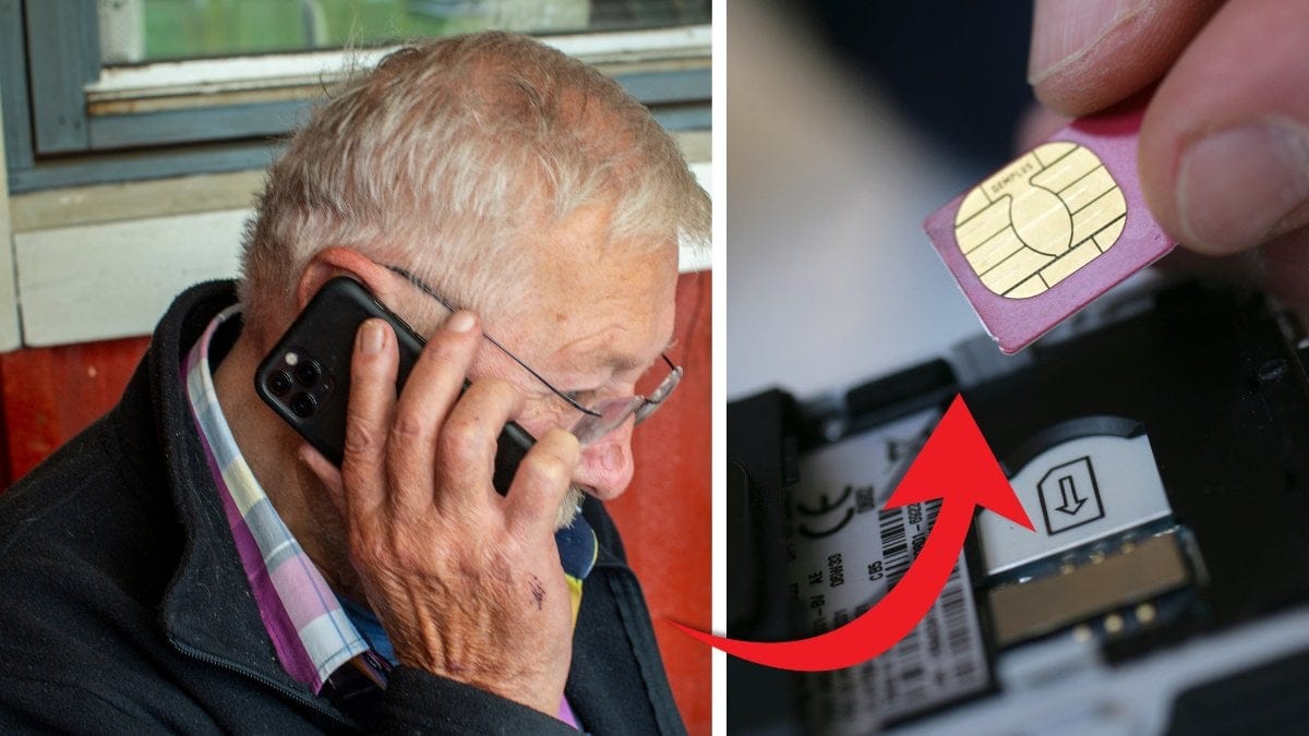 Äldre man pratar telefon och simkort på mobil.