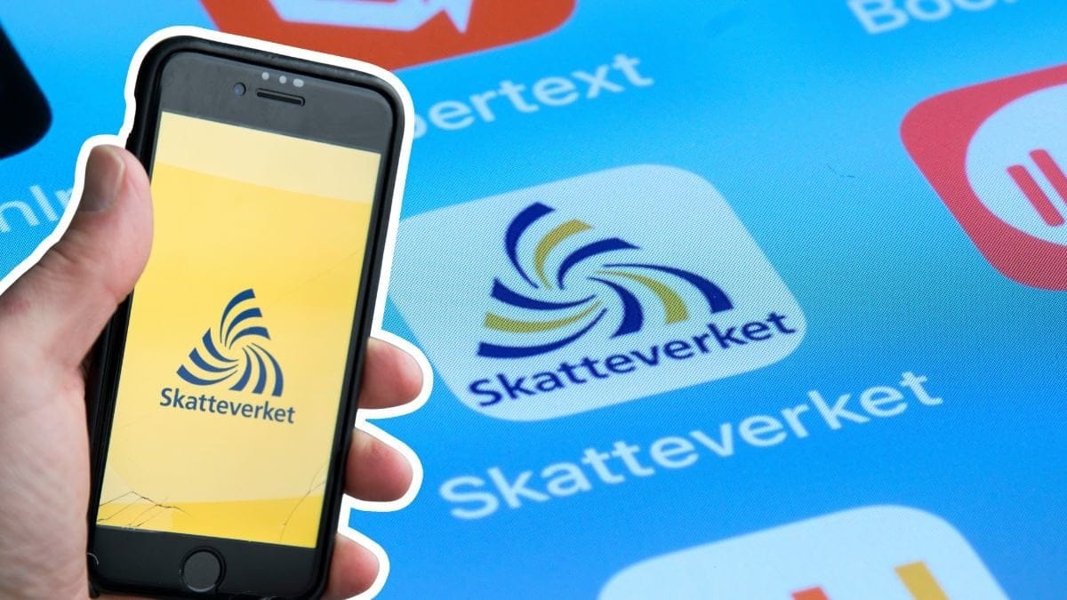 Skatteverkets app och en mobiltelefon.
