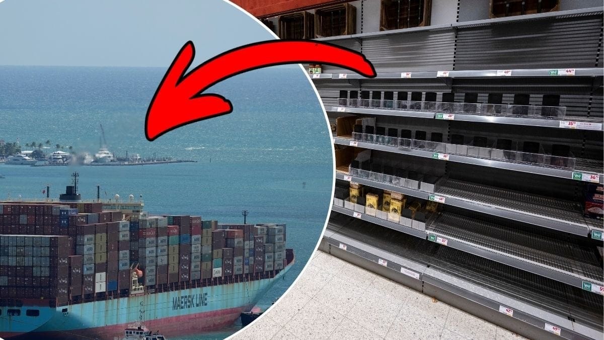 Bild på ett fraktfartyg och tomma hyllor.