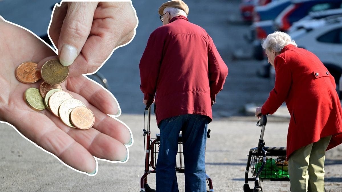 Mynt i en hand och två äldre personer med rollatorer.