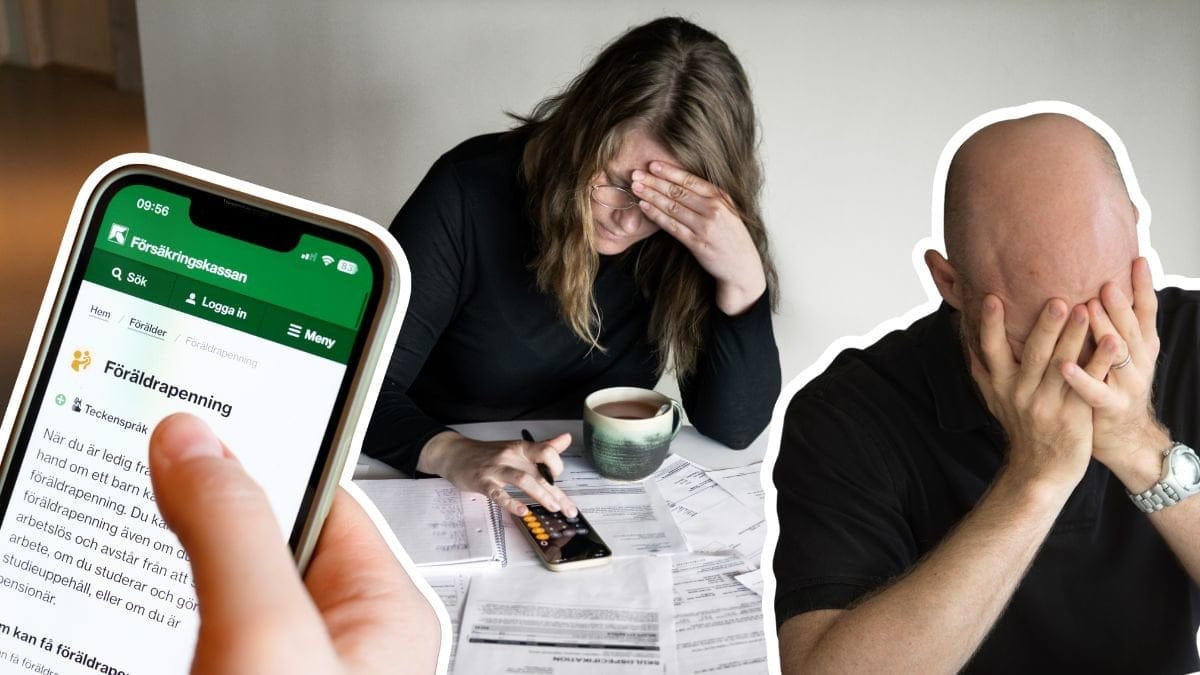 Kvinna med räkningar och kalkylator. En man som har händerna över ansiktet och en mobiltelefon med Försäkringskassans app.