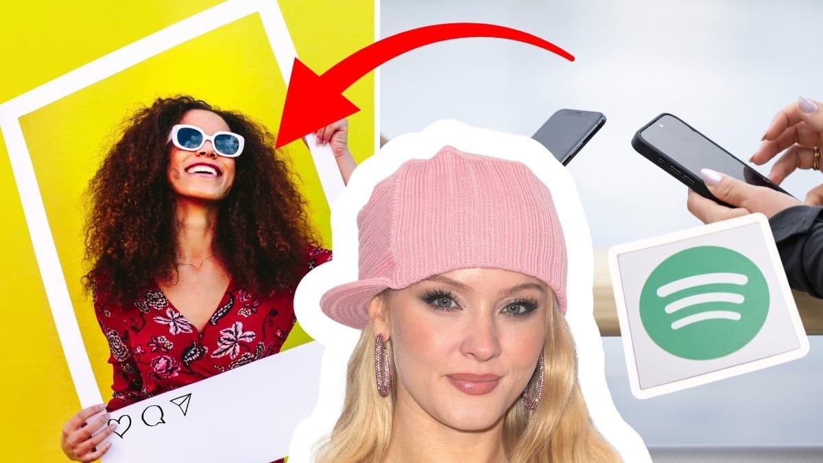 Kvinna som håller upp en mall av ett Instagraminlägg till vänster. Två händer håller i varsin mobil till höger. Zara Larsson utklippt i mitten, Spotify:s logga utklippt till höger. En röd pil pekar på kvinnan med Instagram-mallen.