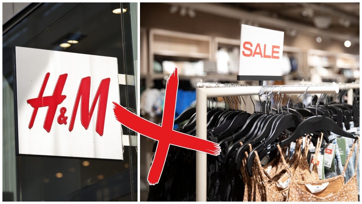 H&M-skylt och kläder i en H&M-butik.
