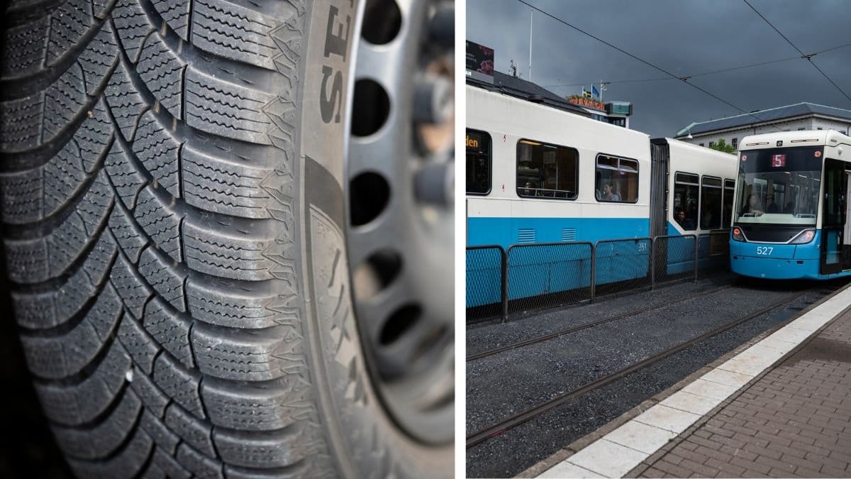 Bildäck till vnster, en spårvagn till höger.