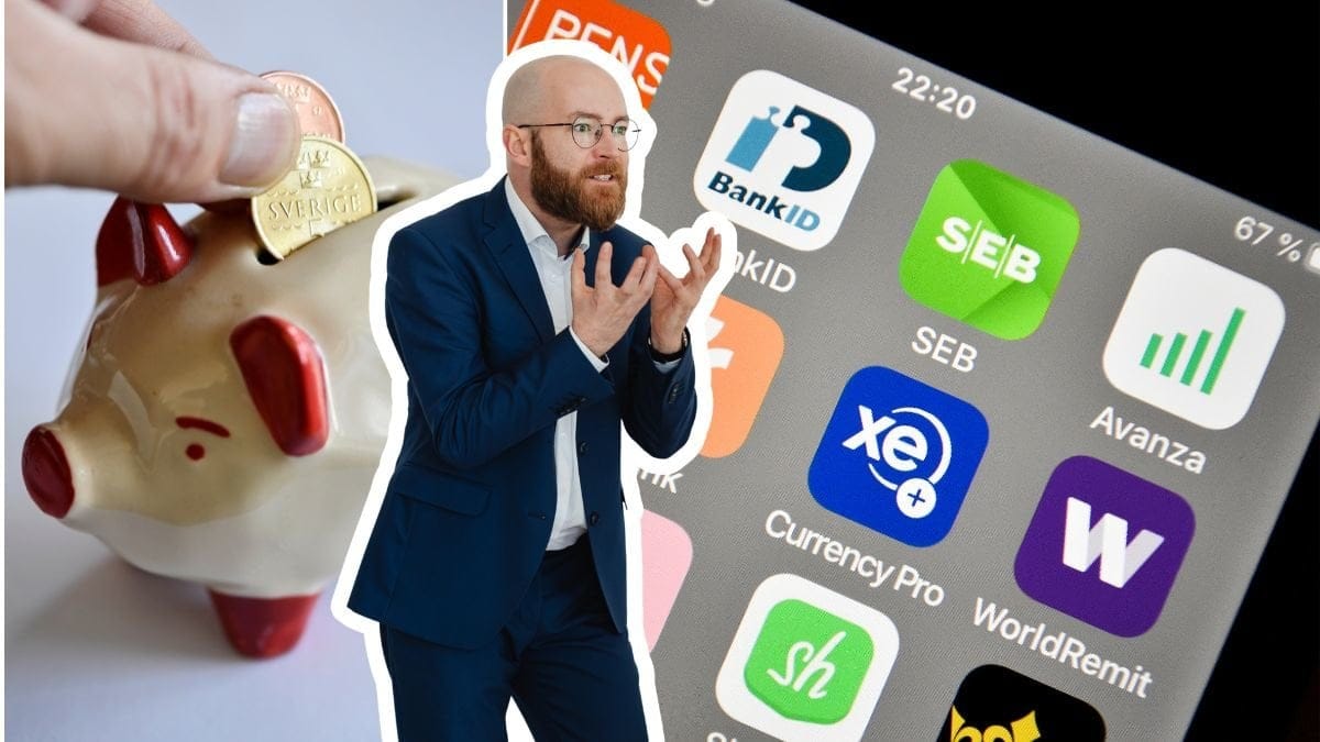 Spargris, upprörd man och bankappar.