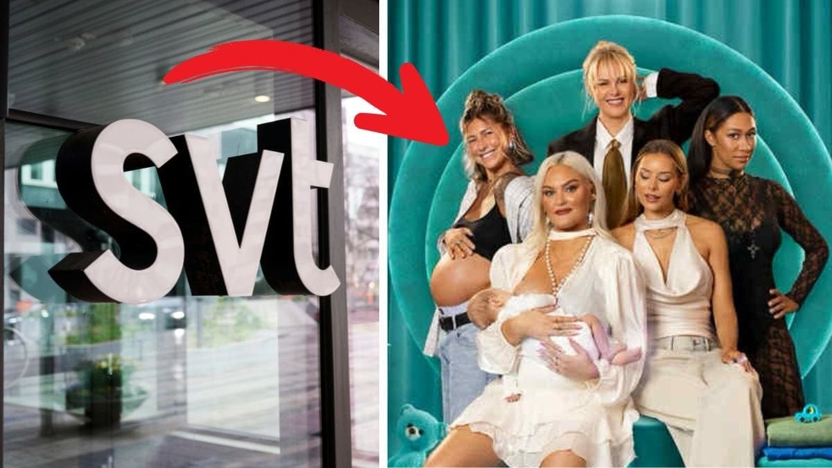 SVT-skylt till vänster, kvinnorna i serien Mammor till häger. En röd pil pekar på kvinnorna.