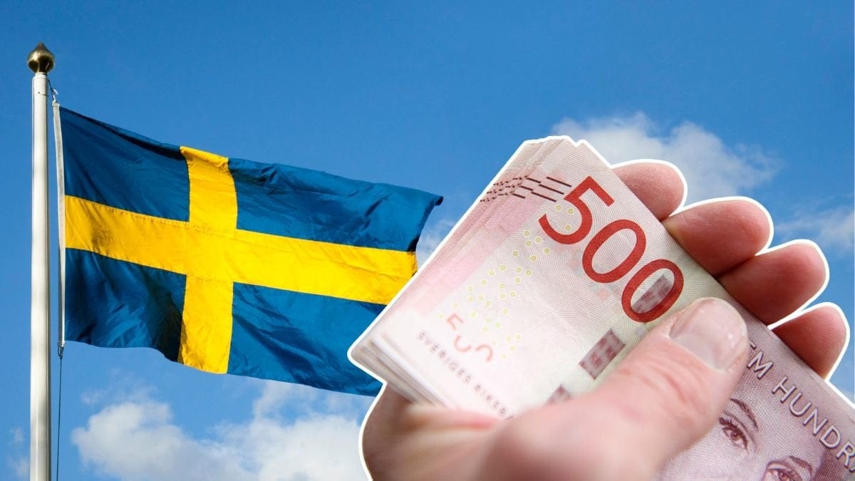 Svenska flaggan och en hand som håller i flera femhundralappar.