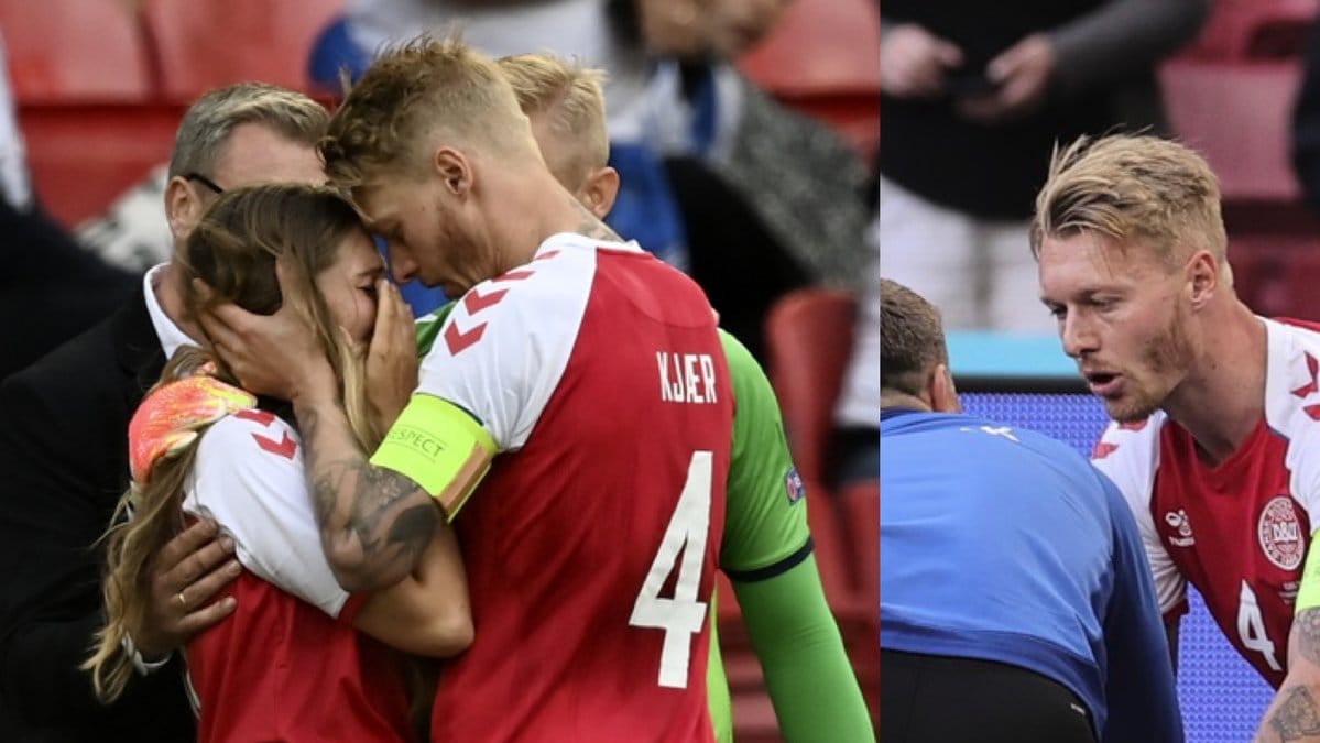 Simon Kjaer tröstar Christian Eriksens fru