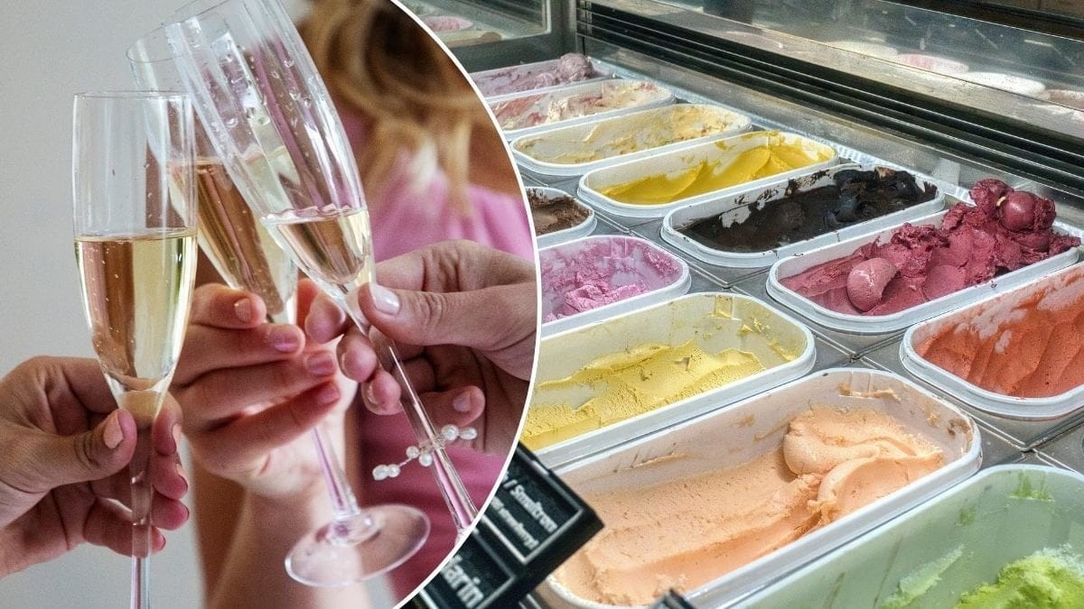 Bilder på glass och personer som skålar i champagne.